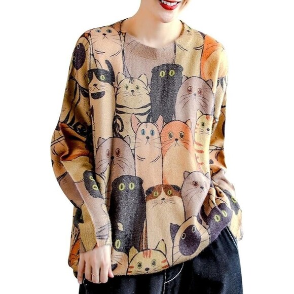 YESNO Women's Cat Theme Cotton/Wool Blend Oversize Graphic Sweater M - Picture 1 of 12